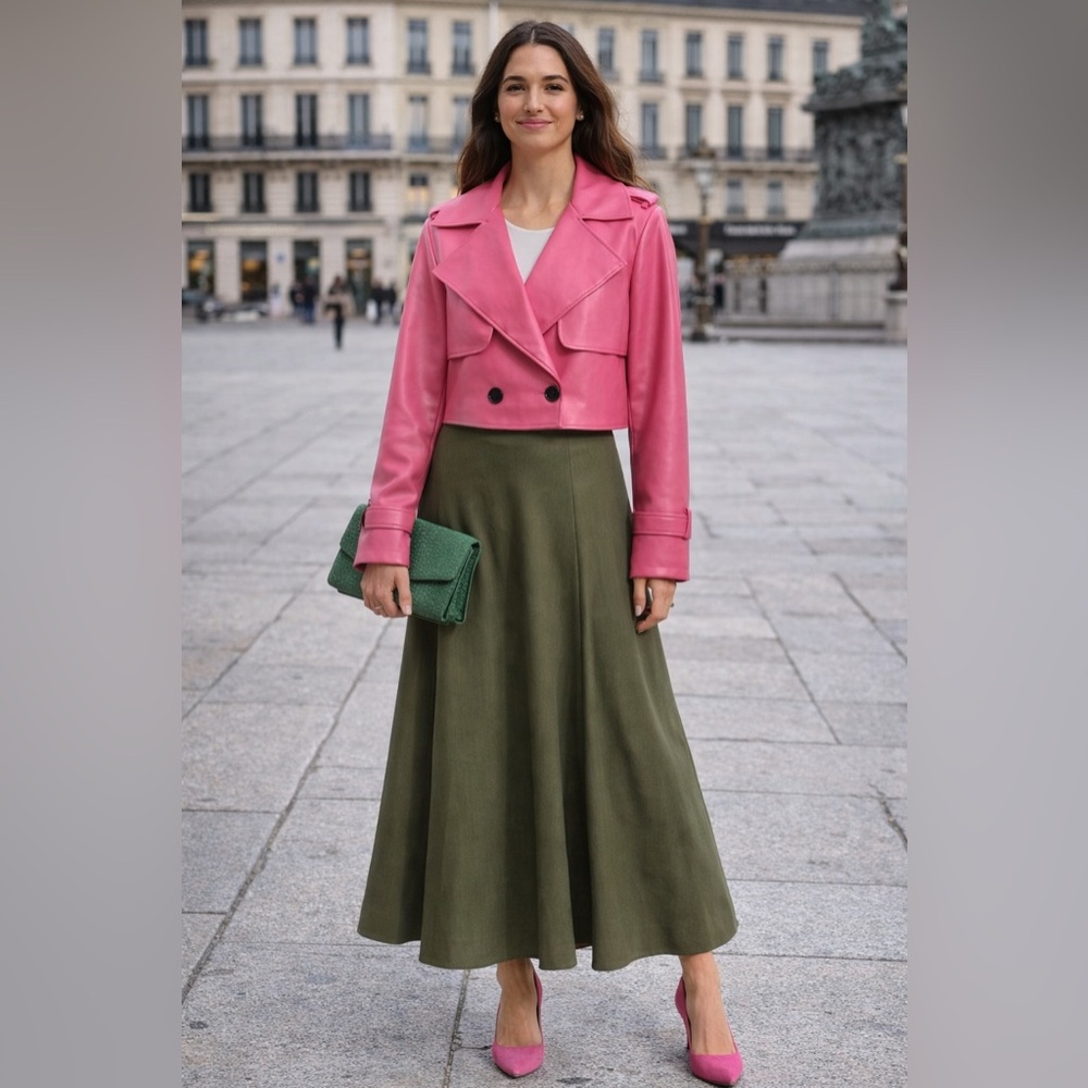 AVEC LES FILLES HOT PINK Cropped Faux Leather Trench Coat